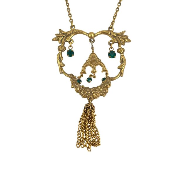 Victorian Revival Gold Tone Necklace 16 Inch With Green Rhinestone & Tassel Acce - Picture 3 of 10